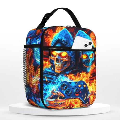Boys Lunch Box for School Insulated Lunch Bag for Boys Girls Cool Skull Game Reusable LunchBag for School Work Office Picnic Hiking Beach Portable Lunchbox with Adjustable Strap For boys 8-12 teenager - color: two skull game