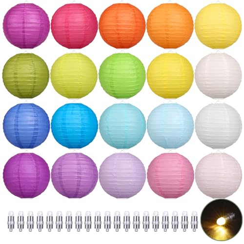 LIHAO 20PCS Colorful Paper Lanterns with Lights, Hanging Chinese Paper Lanterns for Party Decorations Weddings Birthday New Year Outdoor Home Indoor (6 inches) - size: 6 inches