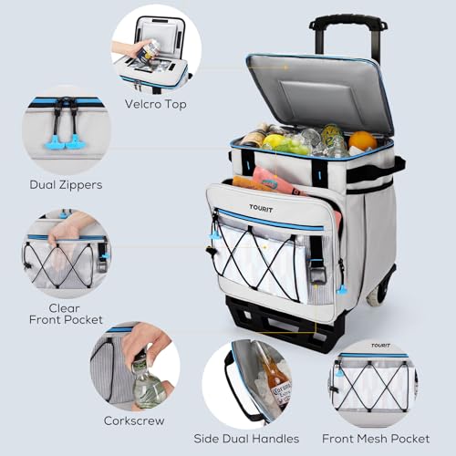 TOURIT Collapsible Cooler with Wheels, Insulated Rolling Cooler with All-Terrain Cart, Waterproof Soft Sided Cooler Bag for Beach, Picnic, Camping, Shopping, Travel - color: Light Gray, size: 75Can 44L