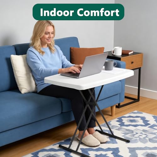 Folding Table 30 Inch - Small Desk Adjustable Height TV Tray for Laptop, Couch, Camping - Heavy Duty Utility Foldable Table for Small Spaces, No Assembly Required,Plastic White Granite - color: Plastic White, size: 30in