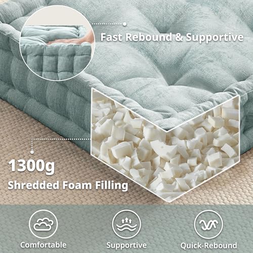 Intelligent Design Large Floor Pillow for Adults Yoga or Meditation Cushion with Handle, Floor Cushion for Board Games, Lustrous Chenille Tufted, Handsewn Scalloped Edge, Azza, 24" x 24" x 5" Aqua - color: Square Aqua With Handle, size: 24"W x 24"L x 5"H