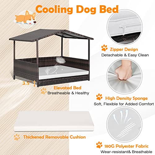 Wicker Dog House Elevated Dog Bed Houses for Indoor Outdoor, Raised Rattan Dog Cot Woven Pet Sofa, w/Waterproof Shelter, Removable Cushion Lounge, Washable Cover - style: White