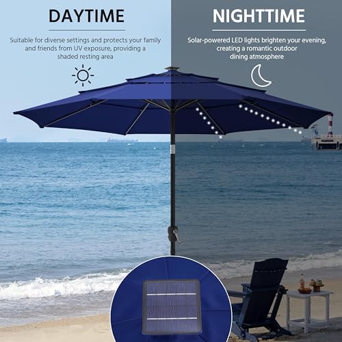 Yaheetech 10ft 3-Tier Solar Patio Umbrella, Outdoor Market Umbrella w/ 24 LED Lights, 8 Sturdy Ribs, Tilt Adjustment, Easy Crank for Garden, Deck, Navy Blue - color: Navy Blue