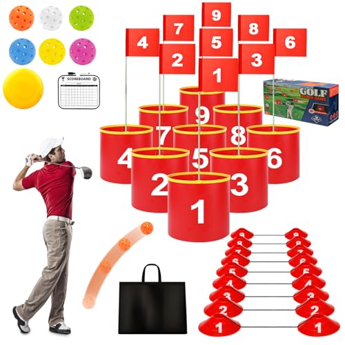 FINCOME Golf Yard Bucket Games 9 Holes Golf Practice Game with Flag, Golf Chipping Game for Kids and Adults Outdoor Indoor Portable Backyard Golf Game for Park, Beach, Backyard, Lawn - size: 9 SET