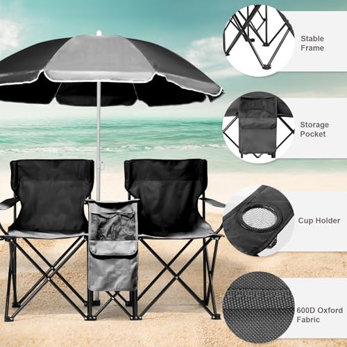 Outvita Folding Double Camping Chair w/Umbrella Beverage Holder Carrying Bag Cooler Fold Up Table, Large Bearing Capacity for Beach Patio Pool Park Outdoor Black - color: Black