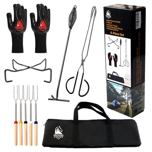 6-in-1 Dutch Oven Camping Accessories Kit - Campfire Cooking Equipment with Marshmallow Roasting Sticks, Heat-Resistant Gloves, 16" Scissors Tongs, Lid Lifter & Lid Stand - size: 6 piece set