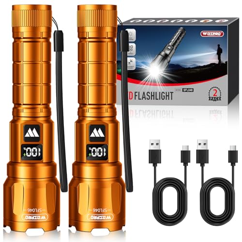 Wdtpro LED Rechargeable Flashlight 2 Pack, 3 Modes Super Bright High Lumens Flashlights, Zoomable Tactical Flash Light with LCD Display, IP65 Waterproof Flashlights for Home Emergency Camping - Orange - color: Orange