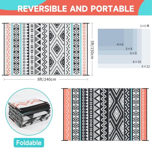 Outdoor Rugs Patio Camping Waterproof - 5x8 Plastic Straw Patio Rug Portable for Campers, Outside RVs Mat, Outdoor Area Carpet for Patios Clearance, Backyard Porch, Balcony, Picnic - color: Black Red, size: 5' x 8' (Rectangular)