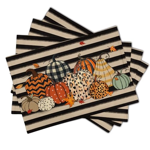 Fall Placemats Set of 4, Autumn Place Mats 12x18 Inch Leopard Buffalo Plaid Pumpkin Heat Resistant Washable Tablemats for Farmhouse Kitchen Dining Thanksgiving Halloween Party - color: Plaid Pumpkin
