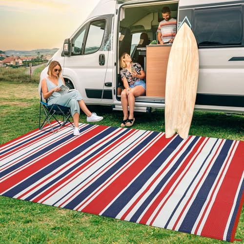 GarveeHome 10x14 Modern Lines Outdoor Large Rug Waterproof Mid Century Modern Multicolor Outdoor Patio Rug UV-Resistant Stain Striped Outside Carpet for Camping Picnic Pool Side RV, Red Navy White - color: Geometric Stripes| Red Navy White, size: 10' x 14