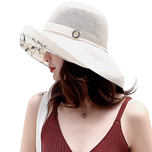 Women Mesh Sun Hats Summer Beach UV Protection UPF Packable Wide Brim Chin Strap - color: Yellowish-beige