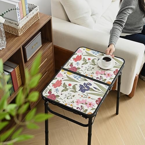 YihuiKo Small Camping Table, Vintage French Flowers Pattern Folding Table, Adjustable Height, Lightweight & Portable Outdoor Picnic Table with Carry Handle for Patio, Living Room, Travel - size: 16"D x 24"W x 27.5"H, style: Delightful Garden