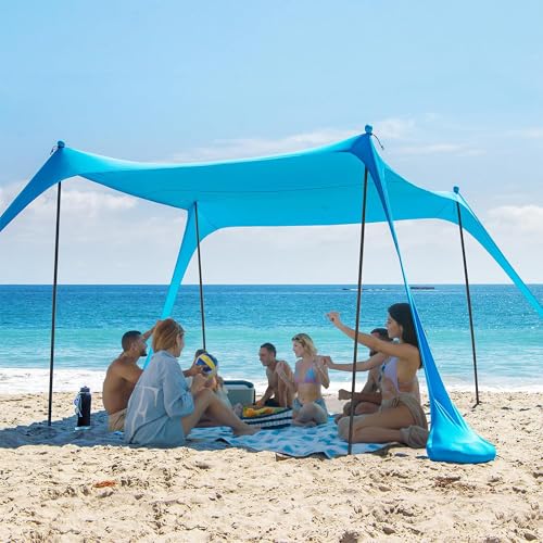AMMSUN Beach Tent Sun Shelter, 11x11 FT Beach Canopy Tent Sun Shade with 4 Sand Anchor & Sand Bags | UPF 50+ Protection | 4 Thickened Poles | Windproof & Lightweight for Camping, Sky Blue - color: Sky Blue, size: 11x11 FT (4 Pole)