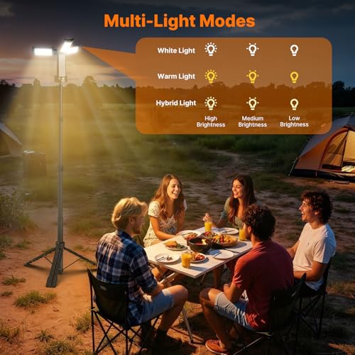 OGERY Camping Lights with Remote, 18000mAh Rechargeable Camping Lantern & LED Work Light, Detachable Tripod Stand up to 6.7 ft, 3 Lamp Heads for Camping Essentials & Emergency, Black - color: Black