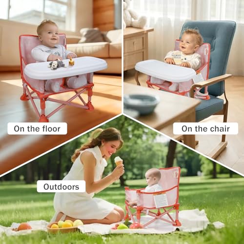 Tiny Marvels 3-in-1 Portable Baby Chair, Foldable Booster Seat with Removable Tray, Safety Harness & Carry Bag for Dining, Travel, Camping, Beach, 6M-3Y (Blush Petals) - color: Blush Petals