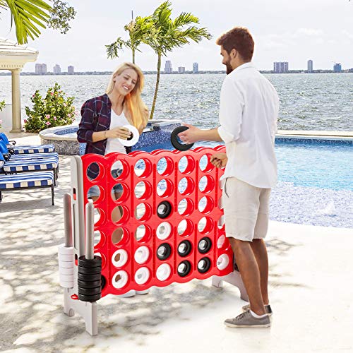 Costzon Giant 4-in-A-Row, Jumbo 4-to-Score Giant Game Set for Kids & Adults, Indoor Outdoor Yard Connect Game, 3.5FT Tall with 42 Jumbo Rings & Quick-Release Slider, Perfect for Family & Party Games - color: Red/Gray
