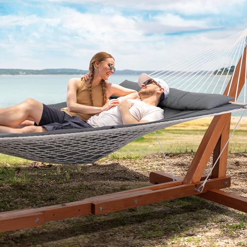 SUNCREAT Hammocks Double Cotton Rope Hammock with Polyester Pad, Heavy Duty Hammock with Wooden Stand, Dark Gray - color: Pad-dark Gray