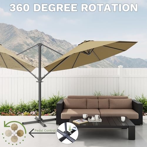Patiowell 10 FT Patio Umbrella, Outdoor Cantilever Umbrella with 360 Degree Rotation & 5 Adjustable Tilt, Large Hanging Offset Round Sun Umbrella with Frame for Backyard Garden Poolside, Brown - color: Brown, size: 10 FT