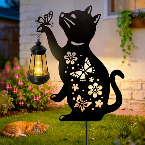 ANGMLN Cat Solar Lights Outdoor, Black Cat Hanging Lantern Waterproof, Cat Lover Gifts for Women Mom Birthday Mother's Day, Metal Garden Statue Yard Decor Patio Pathway Backyard Lawn Ornaments - color: Cat