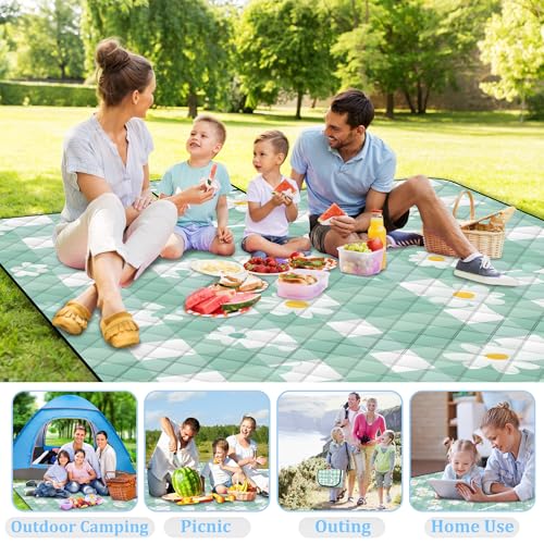 Extra Large Picnic Blanket Waterproof,80"x 80"Foldable Machine Washable Beach Blanket,Outdoor Blanket for 6-8 Adults,Suitable for Indoor Crawling,Park Beach,Camping,Hiking,Family Travel(Light green) - color: Green Flower, size: 6'8" x 6'8" (Square)