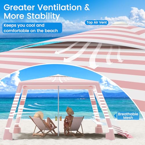 MoKo Beach Cabana, 8'×8' Large Beach Canopy with Side Wall, UPF 50+ Protection Easy Setup Beach Tent Sun Shelter, Adjustable Height Wind Resistant Cabana Beach Tent for Whole Family, Pink Stripe - color: Pink Stripe