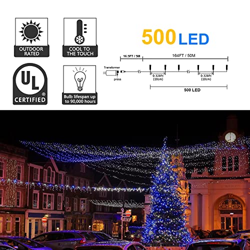 Wellisnow 164ft 500 LED Blue White Christmas Lights, 8 Lighting Modes Waterproof Christmas Lights Outdoor Plug in for Christmas Tree Yard Wedding Decorations(164FT,Blue&White) - color: Blue White, size: 164FT