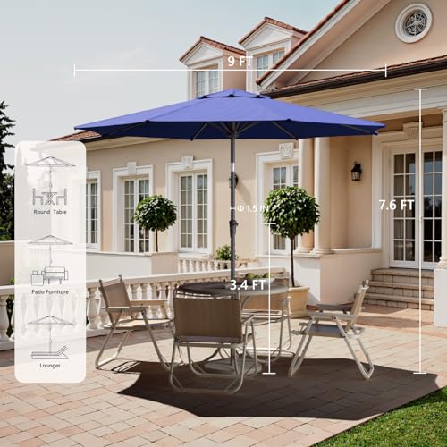 Outdoor Patio Umbrella with One Push Button Tilt and Crank, 8 Sturdy Ribs Market Table Umbrella - color: Blue-Steel Ribs, size: 11FT