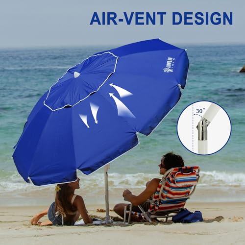 AMMSUN 8 Feet Large Beach Umbrella with Sand Anchor Heavy Duty High Wind Portable Outdoor Umbrellas UV 50+ Protection Air Vent Tilt Patio Garden Pool - color: Blue