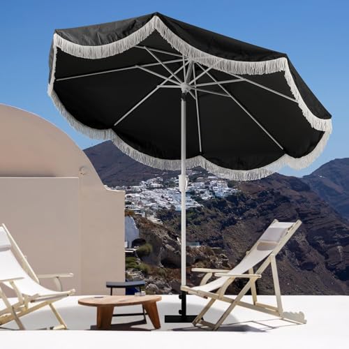 Tempera 9ft Auto Tilt Scalloped Patio Umbrellas with Fringe, Outdoor Table Umbrellas with Fade Resistant Canopy, 8 Sturdy Rids, Luxurious Vintage Umbrellas for Lawn, Pool, Deck, Balcony - color: Carbon Black, size: 9 FT