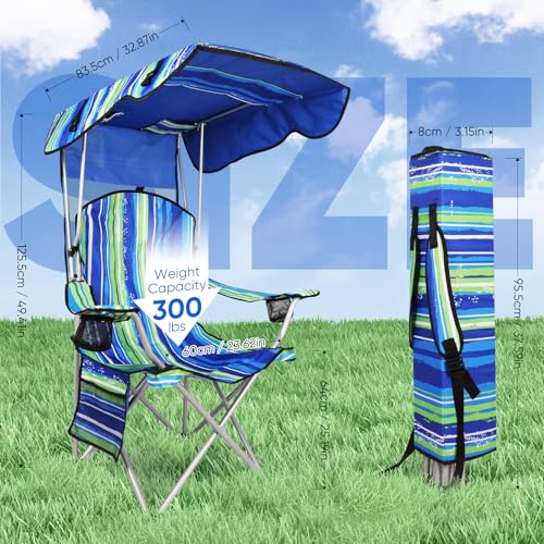 VTOY Portable Camping Chair with Canopy - Folding Chair with Canopy, Durable 600D Oxford Canopy Chair for Camping, Beach, Picnics, Fishing & Sports - color: 1pack Stripe Green