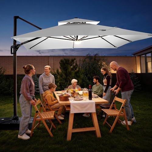 JZAC & QZYD 9x12 FT Outdoor Cantilever Patio Umbrella with LED Lights, Large Heavy Duty 2-Tier Aluminum Offset Umbrellas with 360-Degree Rotation for Pool Deck, FogGrey - color: FogGrey, size: 9'×12'