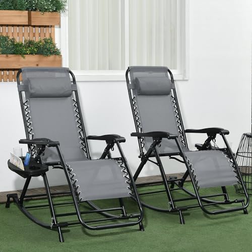 Outsunny Set of 2 Outdoor Rocking Chairs, Foldable Reclining Zero Gravity Lounge Rocker with Pillow, Cup & Phone Holder, Combo Design with Folding Legs, Gray - color: Grey, size: 2 Packs