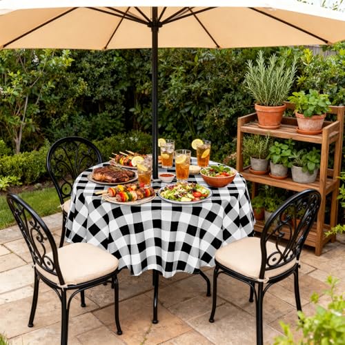 Poise3EHome Round Outdoor Tablecloth with Umbrella Hole and Zipper,Black Gingham 60 Inch,Polyester SpillProof Washable Table Cloth for Spring Summer Patio Garden Poolside Picnic Camping BBQS - color: Black Gingham, size: 60" (Round)