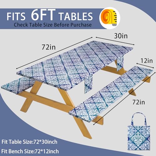 Fitted Waterproof Picnic Table Cover with Bench Covers Elastic Reusable Camping Table Cloths for 6Ft Rectangle Tables Summer Camp Motorhome Party Gear Outdoors Car Travel Trailer Gadgets Gift - color: Blue Flowers, size: 72" x 30" (Rectangular)