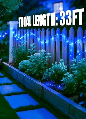 Minetom Solar String Lights for Outside, 33Ft 100 LED Outdoor Solar Fairy Lights, 8 Modes Balcony Lights for Tree Patio Christmas Party Decor (Blue and White) - color: Blue and White, size: 1 Pack