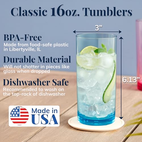 US Acrylic Classic Plastic Reusable Drinking Glasses (Set of 6) 16oz Water Cups Assorted Colors | BPA-Free Tumblers, Made in USA | Top-Rack Dishwasher Safe - color: Assorted, size: Water Tumblers