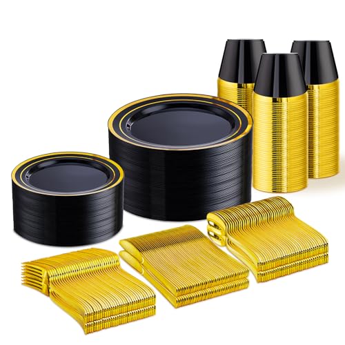 WELLIFE 300 PCS Black and Gold Dinnerware Set for 50 Guests, Disposable Plastic Plates for Party, Gold rimmed Plastic Dinner Plates,Salad Plates,Cups,Silverware Set for Halloween Party Supplies - color: Black/Gold, size: 50 Guests