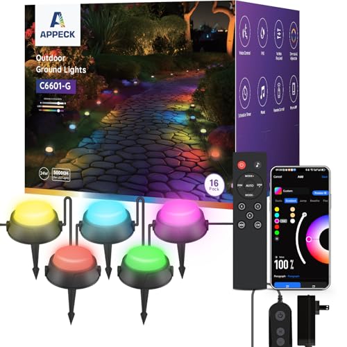 APPECK Smart Outdoor Ground Lights 16 Pack, 50FT RGBW Color Changing Pathway Lights Wired, IP65 Waterproof Landscape Lights, for Garden Yard Lawn Walkway Holiday Party Decor, Compatible with Alexa - size: 16 Pack, 50FT