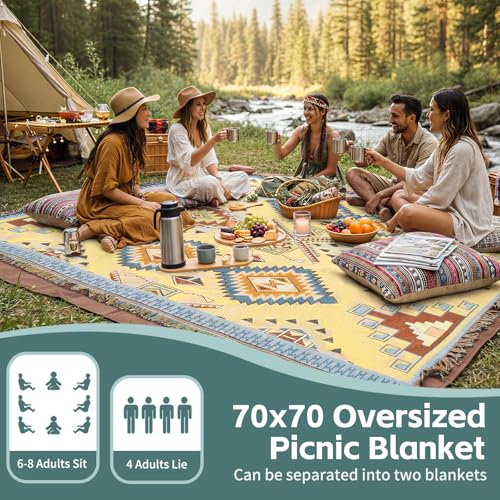 2 in 1 Extra Large Camping Blanket Outdoor Picnic Yoga Mat Lightweight Car Essential Roadtrip Gadget Rv Accessories Glamping Tent Gear Must Haves Hiking Stuff Backpacking Necessities Women Beach Gift - color: Boho Yellow