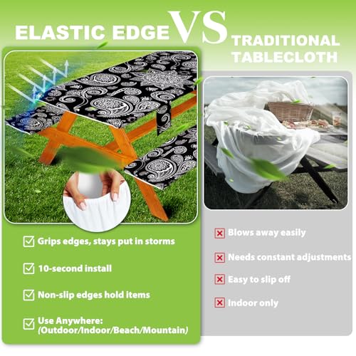 Picnic Table Cover with Bench Covers Table Cloth Tablecloth Summer Outdoor Rv Patio Tent Camping Glamping Campsite Camper Essentials Accessories Items Gear Gadgets Stuff Necessities Supplies Must Have - color: Black Paisley, size: 72in