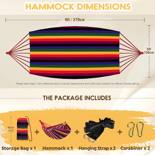 ANYOO Cotton Hammock Portable Camping Hammocks for Hanging Sturdy Garden Comfortable Fabric Hammock with Tree Straps Up to 660lbs with Travel Bag for Camping Outdoor/Indoor Patio Backyard - color: Rainbow