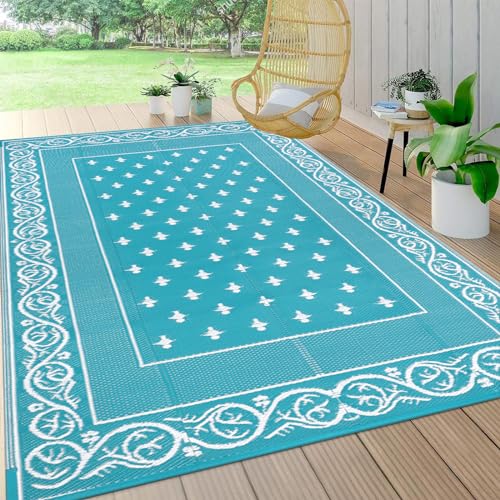 Pauwer Waterproof Outdoor Rug 6x9, Reversible Plastic Straw Patio Camping Rug, Indoor Outdoor RV Mat Carpet for Deck, Camper, Porch, Balcony, Backyard, Picnic, Bordered Teal - color: Bordered Teal, size: 6' x 9' (Rectangular)