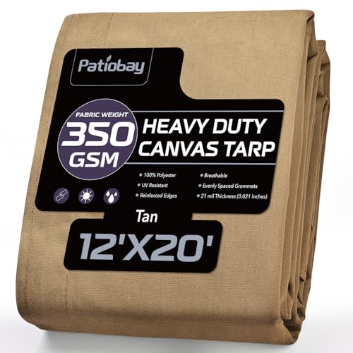 Canvas Tarp 12x20 Feet, 12 Oz Heavy Duty Water Resistant with Rustproof Grommets, UV Resistant, Multipurpose Outdoor Tarpaulin for Camping, Canopy, Woodpile, Trailer (Tan) - color: Tan, size: 12x20