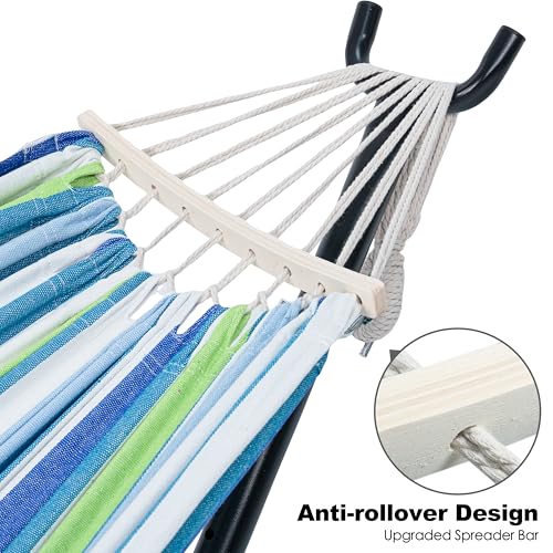 GAFETE Double Hammock with Stand for Outside, Upgraded Spreader Bar, Heavy Duty Space Saving Steel Stand 2 Person, Convenient Pockets, Easy Assembly, 600lbs Weight Capacity, Indoor & Outdoor (Lagoon) - color: Lagoon
