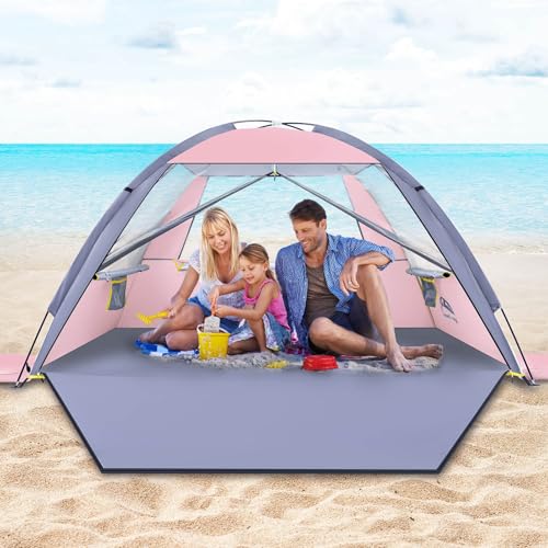 Happy Travel Beach Tent Sun Shelter for 3/4/5/6/7/8 Person, Portable UPF 50+ UV Protection Beach Shade Canopy for Family & Baby, Lightweight & Easy Setup Beach Cabana with 3 Ventilation Mesh Windows - color: Pink, size: 3 Person
