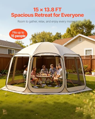 VEVOR Pop up Screen House Tent, 15 x 13.8 ft, 12-15 Person Screen Gazebo, Portable Screened in Canopy with Carry Bag, Netting Sides, Ground Stakes, for Garden, Patio, Backyard, Outdoor Activities - color: Beige, size: 15x13.8x8.04 FT