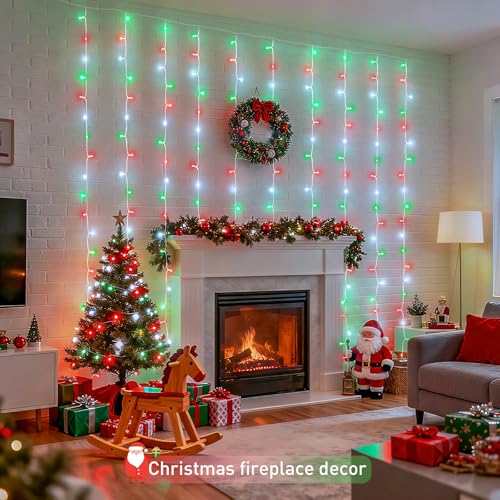 JMEXSUSS 300LED Red White and Green Christmas Curtain Lights with Remote, Indoor Christmas String Lights Plug in, Hanging Twinkle Lights for Bedroom Window Wall Yard Outdoor Xmas Decor, 9.8x9.8ft - color: Red White and Green, size: 300 LED