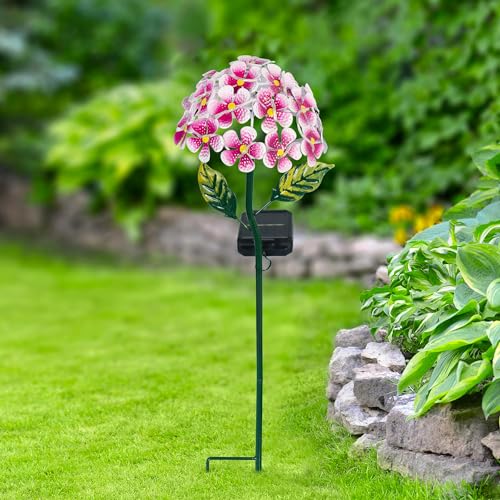 Solar Hydrangea w/26 LED Lights, Metal Ground Stake, 3 Colors - Pink - color: Pink