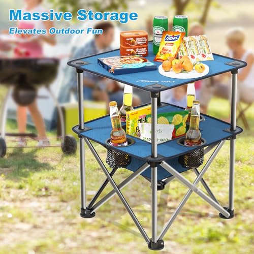 Folding Camping Table, Portable Outdoor Picnic Table, Lightweight Square Camp Table with Built-in 4 Cup Holders Food Basket and Travel Bag for Barbeque Beach Camping and Tailgate Blue - color: Blue