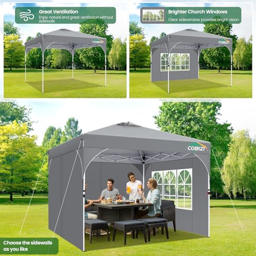 COBIZI 10x10 Pop Up Canopy with 3 Removable Sidewalls, Easy Pop Up Comercial Instant Canopy with One Push Center Lock, Waterproof Canopy with Sidewalls for Event, Rope & Stakes & Sandbags, Gray - color: Gray, size: 10x10ft (Old Model)